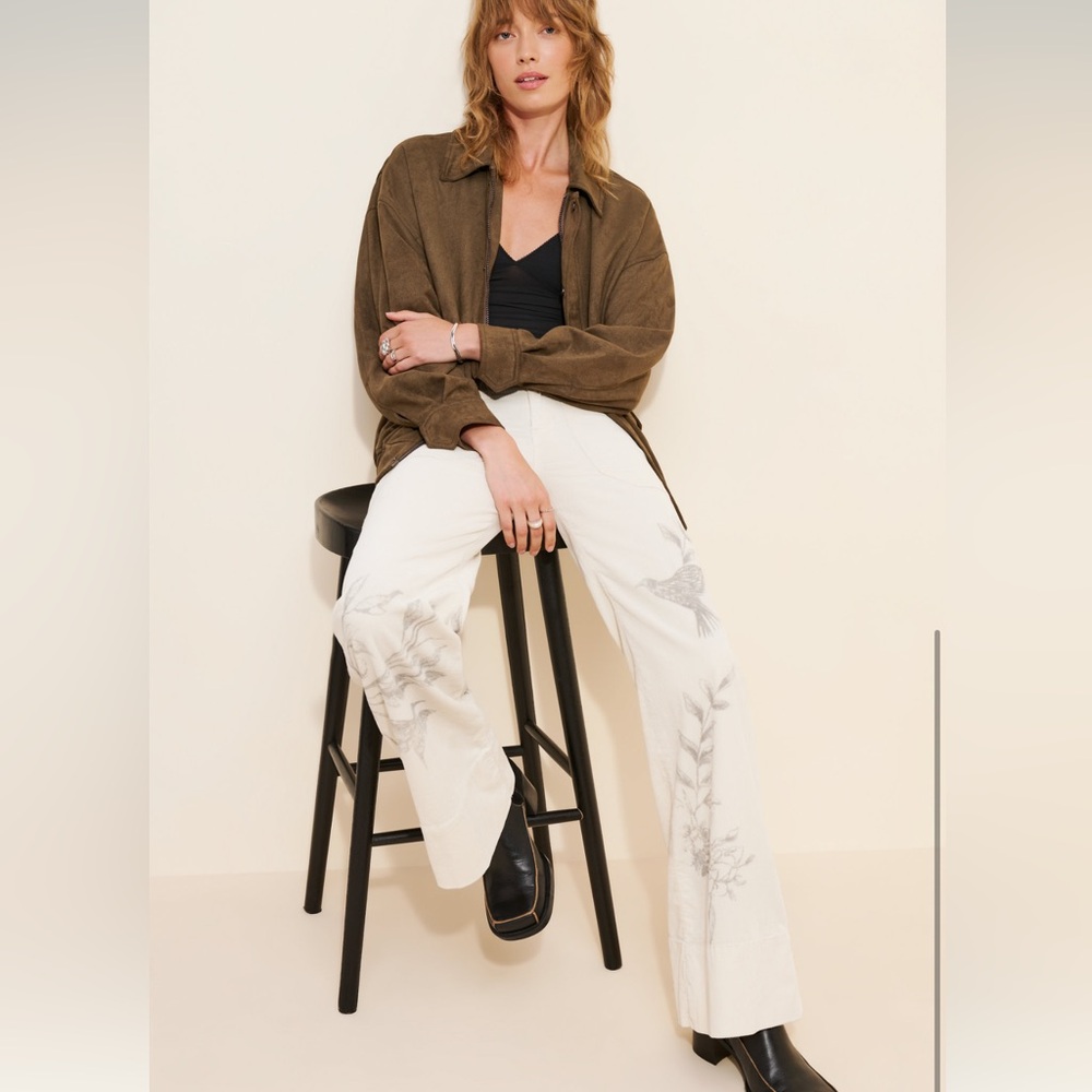 Anthropologie Cream Flare Jeans with Botanical & Bird Sketch - Picture 4 of 6